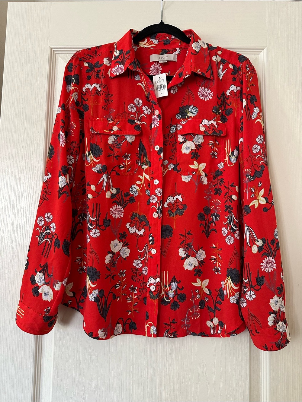 LOFT Red Floral Flap Pocket Utility Button-Up Shirt
